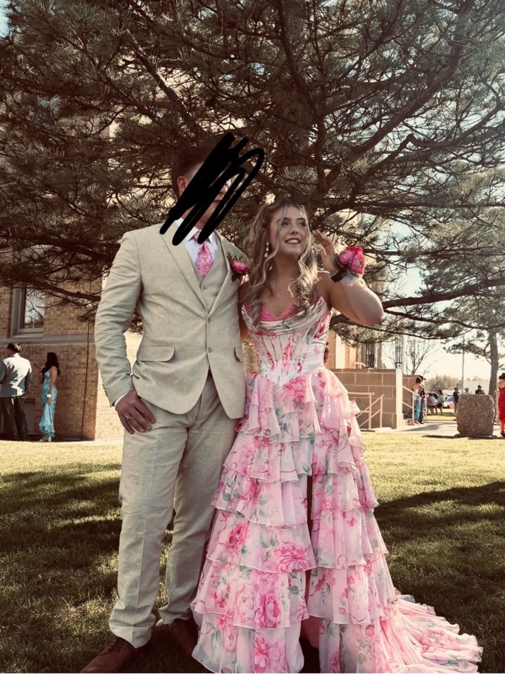 Sherri Hill Pink Floral Tiered Prom Gown - Picture 3 of 3